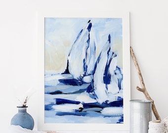 Sailboat Painting Modern Coastal Decor Indigo Blue Beach Nantucket Cape Cod Artwork | "Sailing on a Summer Morning" - Art Print or Canvas