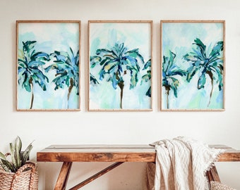 Palm Tree Print Triptych | Bright Caribbean Tropical Painting for Beach House | "Breezy Island Palms" - Set of 3 Art Prints or Canvases