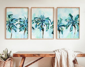 Palm Tree Print Set Tropical Painting Bright Caribbean Beach House Triptych | "Breezy Island Palms" - Set of 3  - Art Prints or Canvases