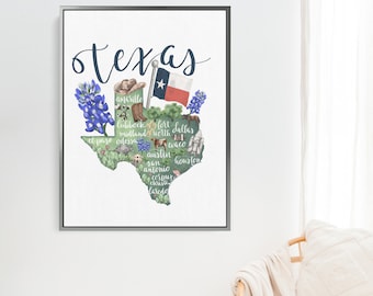 Texas Druck | Bundesstaat Karte Kunstwerk mit Heimatstaat Zeichnung für Heimatstadt Geschenkidee | Illustration Wandkunst oder Leinwanddruck