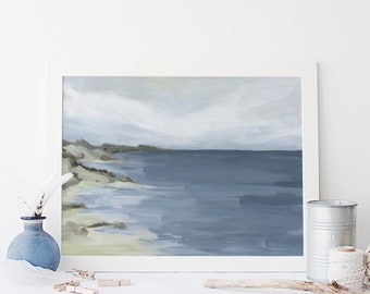 Seascape Painting Modern Coastal Home Decor Blue and Gray Ocean Painting Beachy Sea Scene Wall Art | "Wispy Shores" - Art Print or Canvas