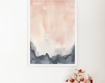 Watercolor Painting | Navy Blue and Blush Modern Abstract Jetty Home Bathroom Giclee Art | "Blush Dawn, No. 1" - Art Print or Canvas