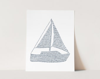 Sailboat Print Modern Nautical Nursery Coastal Lake House Blue & White Wall Art | "Minimalist Sailboat, No. 1" - Art Print or Canvas