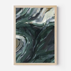 May include: Abstract painting with swirling green, blue, and white paint. The painting has a textured, layered look.