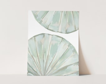 Shell Art Green and White Modern Coastal Decor Beach Artwork Seashell Painting Wall Art | "Dueling Scallop Shells" - Art Print or Canvas