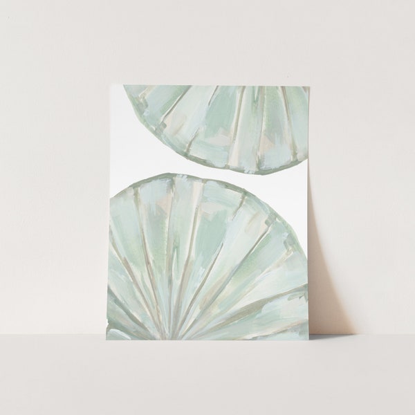 Shell Art Green and White Modern Coastal Decor Beach Artwork Seashell Painting Wall Art | "Dueling Scallop Shells" - Art Print or Canvas