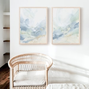 Coastal Wall Art | Modern Abstract Painting in Light Blue & Green for Beach Decor | "Tidal Movement" - Set of 2 - Art Prints or Canvases