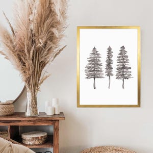 Arte scandinava / Stampa di un pino, dipinto minimalista di una foresta nordica per l'arredamento invernale / "Trio di pini bianco e nero" - Stampa artistica o tela