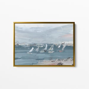 May include: Abstract painting of a seascape with white sailboats on a blue body of water. The sky is a light blue with hints of pink and white clouds.