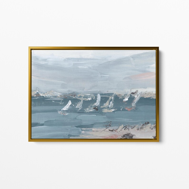 May include: Abstract painting of a seascape with white sailboats on a blue body of water. The sky is a light blue with hints of pink and white clouds.