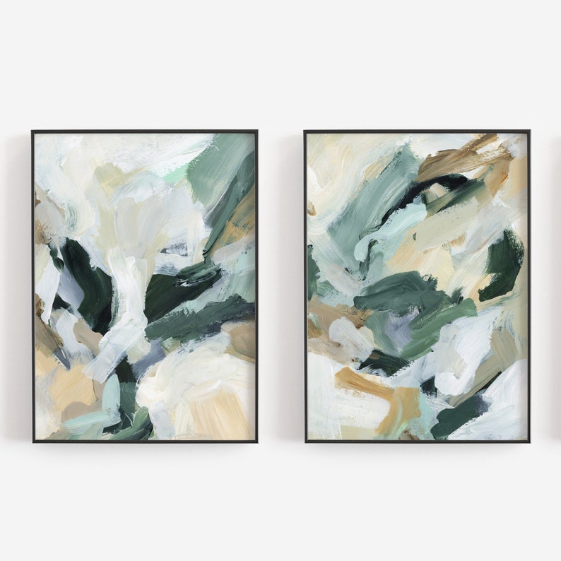 Abstract Painting Green and Beige Modern Contemporary Diptych Artwork Contemporary Greens Set of 2 Art Prints or Canvases image 1