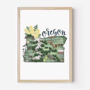 May include: A green and yellow illustrated map of Oregon with the state name in blue script. The map includes the names of cities and towns throughout the state, including Portland, Salem, Eugene, and Bend.