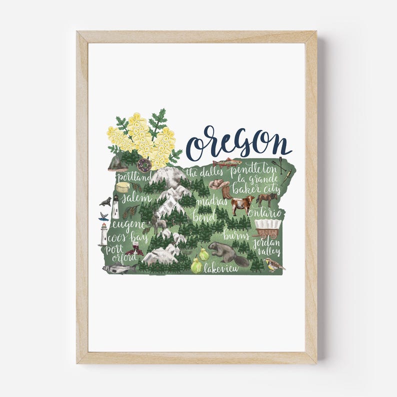May include: A green and yellow illustrated map of Oregon with the state name in blue script. The map includes the names of cities and towns throughout the state, including Portland, Salem, Eugene, and Bend.