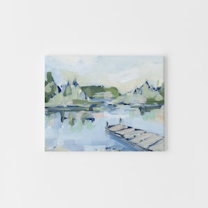 Meer schilderij | Muurkunstwerk aan het meer voor decor aan het meer en Lakehouse-scène | &#39;On the Dock&#39; - zomerkunst - muurkunst, print of canvas