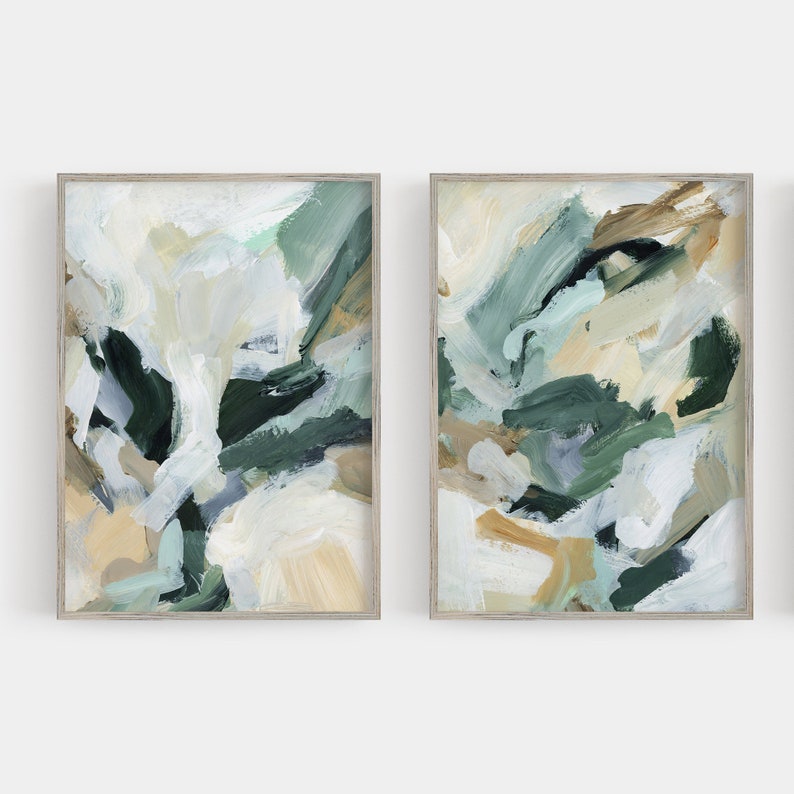 Abstract Painting Green and Beige Modern Contemporary Diptych Artwork Contemporary Greens Set of 2 Art Prints or Canvases image 2