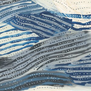 Puede incluir: Pintura abstracta con un esquema de color azul, gris y blanco. La pintura presenta una serie de l&iacute;neas onduladas y puntos.
