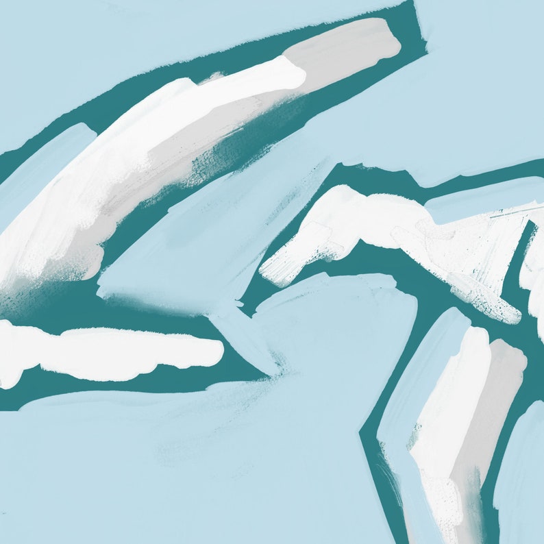 May include: Abstract painting with teal and white brushstrokes on a light blue background.