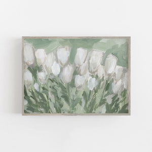 Tulip Painting Farmhouse Decor Modern Botanical Floral Artwork Green Rustic Spring Gift for Her | "Morning Tulips" - Art Print or Canvas