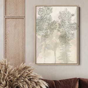 May include: A framed abstract art print with a beige background and two stylized trees in shades of green. The trees are made up of small dots and are set against a watercolor-like background.