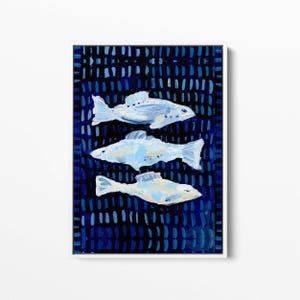 Fish Painting | Blue and White Modern Nautical Decor for Beach House Wall Art | &quot;Bayside Fish&quot; - Art Print or Canvas