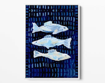 Fish Painting | Blue and White Modern Nautical Decor for Beach House Wall Art | "Bayside Fish" - Art Print or Canvas