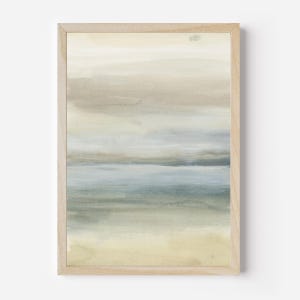 May include: Abstract watercolor painting in shades of beige, blue, and green. The painting depicts a landscape with horizontal lines, suggesting a horizon or a body of water.