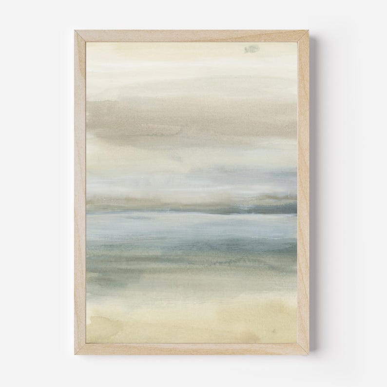 May include: Abstract watercolor painting in shades of beige, blue, and green. The painting depicts a landscape with horizontal lines, suggesting a horizon or a body of water.