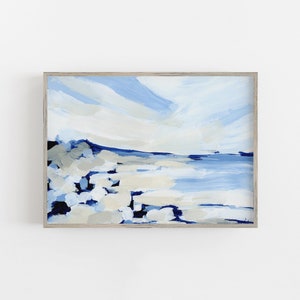 Coastal Landscape Painting Blue & White Beachscape Decor Modern Beach House Indigo Blue and White | "Along the Coast" - Art Print or Canvas