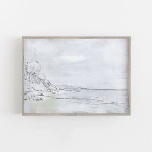 Seaside Painting Coastline Art Modern Beach House Decor Neutral Coastal Wall Art | "Waterfront Coastline Sketch" - Art Print or Canvas