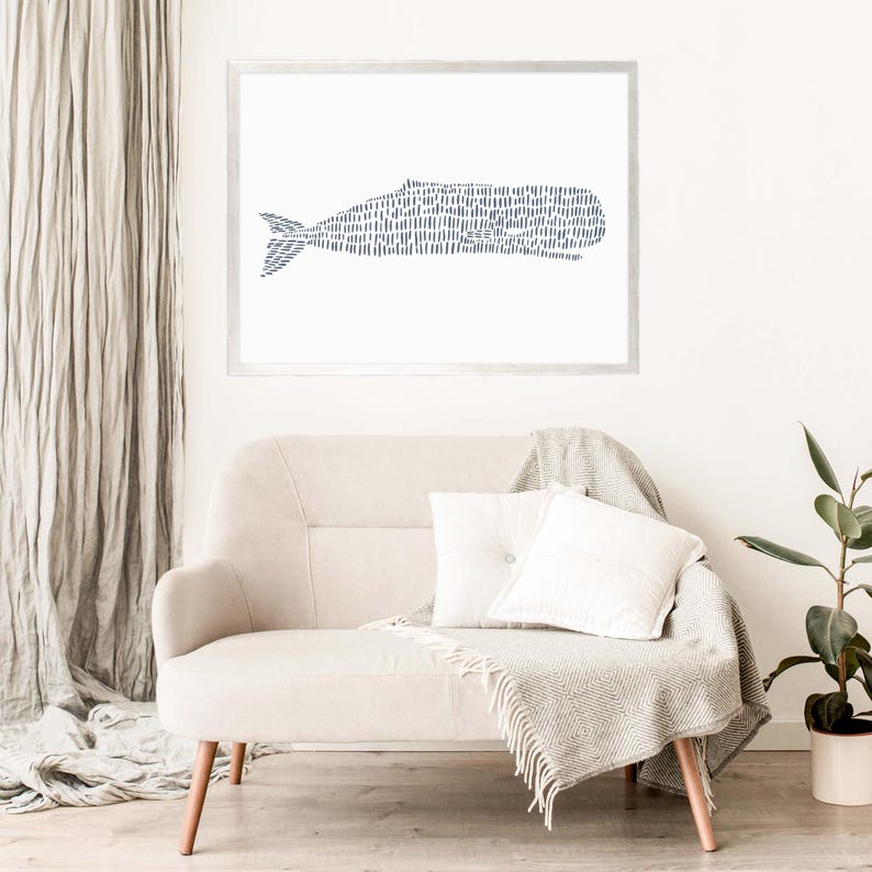 Coastal Decor | Nautical Wall Art with Whale Artwork in Slate Blue for Hamptons Style | "Sperm Whale Illustration" - Art Print or Canvas image 13