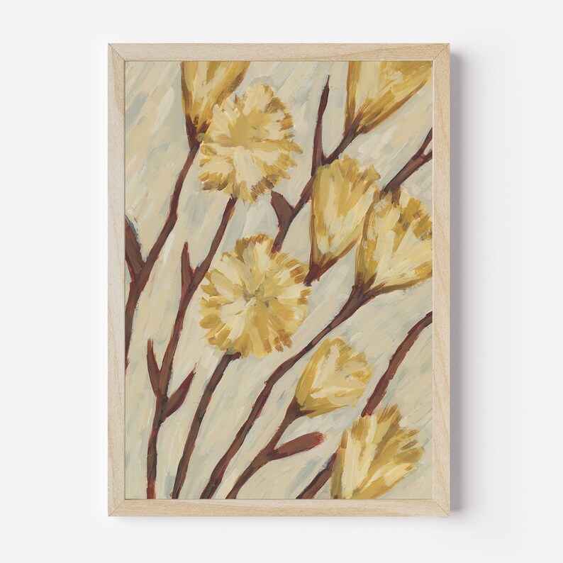 May include: A framed painting of a stylized floral arrangement. The painting features yellow flowers with brown stems on a light blue background.