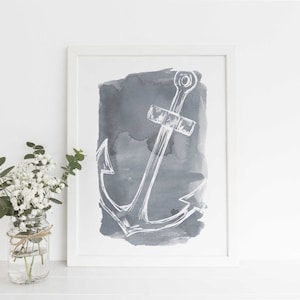 May include: A white anchor illustration on a gray watercolor background. The anchor is a nautical symbol of hope and stability.