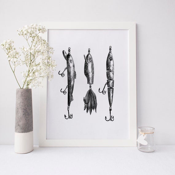 Fly Fishing Lures Art Decor Black And White Dad Gift Idea Etsy