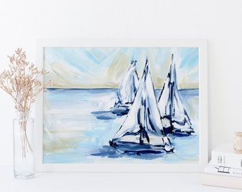 Sailboat Painting Modern Coastal Home Decor Nautical Artwork White and Blue Wall Art | "Sailing on Glass" - Art Print or Canvas