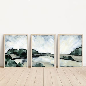 Farmhouse Triptych Decor Landscape Print Set Moody Farm Painting | "Bucolic Countryside" - Set of 3 - Art Prints or Canvases