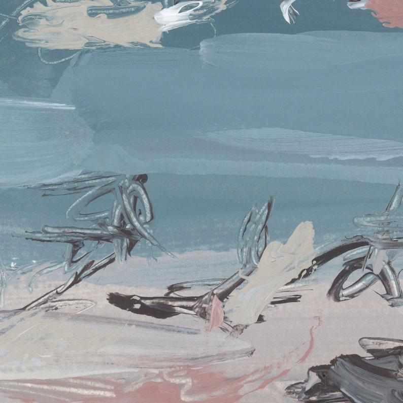 May include: Abstract painting with a blue, grey, and pink colour scheme. The painting features a variety of brushstrokes and textures, creating a dynamic and expressive composition.