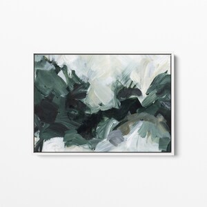 May include: Abstract painting with a mix of dark green, light green, white, and gray brushstrokes. The painting has a textured, layered look.