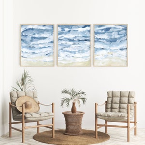 Wave Print Set Ocean Painting Sea Decor Beach House Statement Artwork Triptych | "Crashing Waves" - Set of 3 - Art Prints or Canvases
