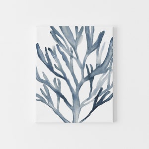 Coral Painting | Beach Hamptons Decor Nautical Blue & White Coastal Wall Art | &quot;Blue Seaweed Coral Watercolor No. 1&quot; - Art Print or Canvas