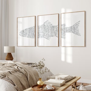 Trout Fish Art Lake House Decor Modern Lakehouse Art Coastal Minimalist Fishing Triptych | "Trout Lake Fish" - Set of 3 Prints or Canvases