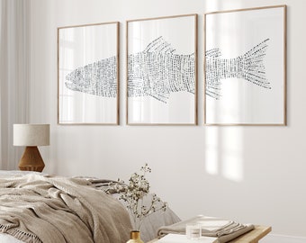Modern Lakehouse Decor | Trout Fish Art Triptych, Coastal Minimalist Artwork for Lake House | "Trout Lake Fish" - Set of 3 Prints or Canvas