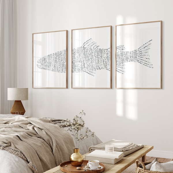 Modern Lakehouse Decor | Trout Fish Art Triptych, Coastal Minimalist Artwork for Lake House | "Trout Lake Fish" - Set of 3 Prints or Canvas
