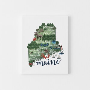 May include: A green outline of the state of Maine with the names of cities and towns written on it. The outline is filled with illustrations of moose, blueberries, lighthouses, sailboats, lobsters, and other icons representing the state.