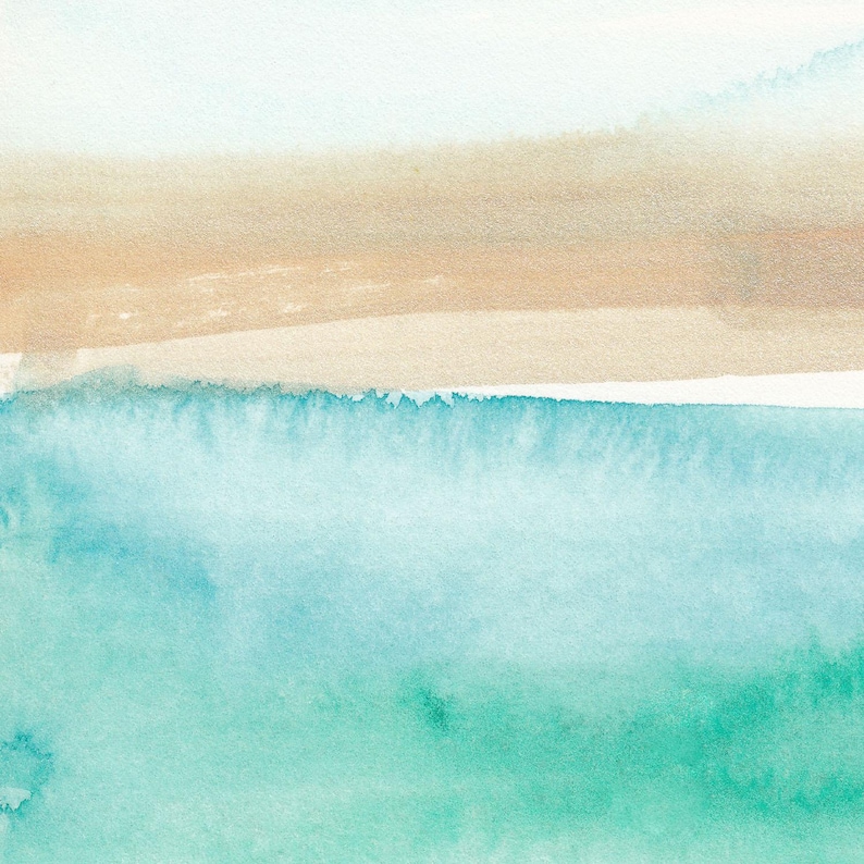 May include: Abstract watercolor painting of a beach scene with a light blue sky, a tan sand area, and a turquoise ocean.