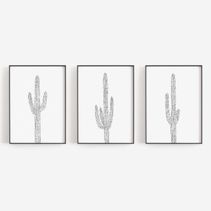 Cactus Triptych Art Modern Desert Decor Black and White Minimalist Southwestern | "Saguaro Cactus Trio" - Set of 3 - Art Prints or Canvases