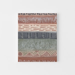 May include: Abstract geometric pattern with horizontal stripes in shades of brown, gray, and green. The pattern is made up of various shapes, including triangles, squares, and lines.