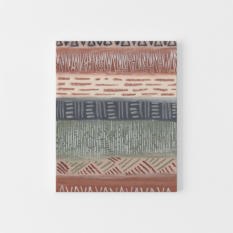 May include: Abstract geometric pattern with horizontal stripes in shades of brown, gray, and green. The pattern is made up of various shapes, including triangles, squares, and lines.