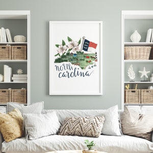Karte des Bundesstaates North Carolina | Wahrzeichen der Heimatstadt Geschenkidee für PNG Wandkunst | Kunstdruck oder Leinwand