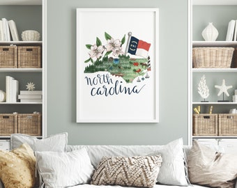 North Carolina State Map | Landmark Hometown Gift Idea for NC Wall Art | Art Print or Canvas