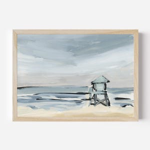 May include: A painting of a beach scene with a lifeguard stand in the foreground. The sky is a light blue with white clouds, and the ocean is a dark blue with white waves. The sand is a light brown.